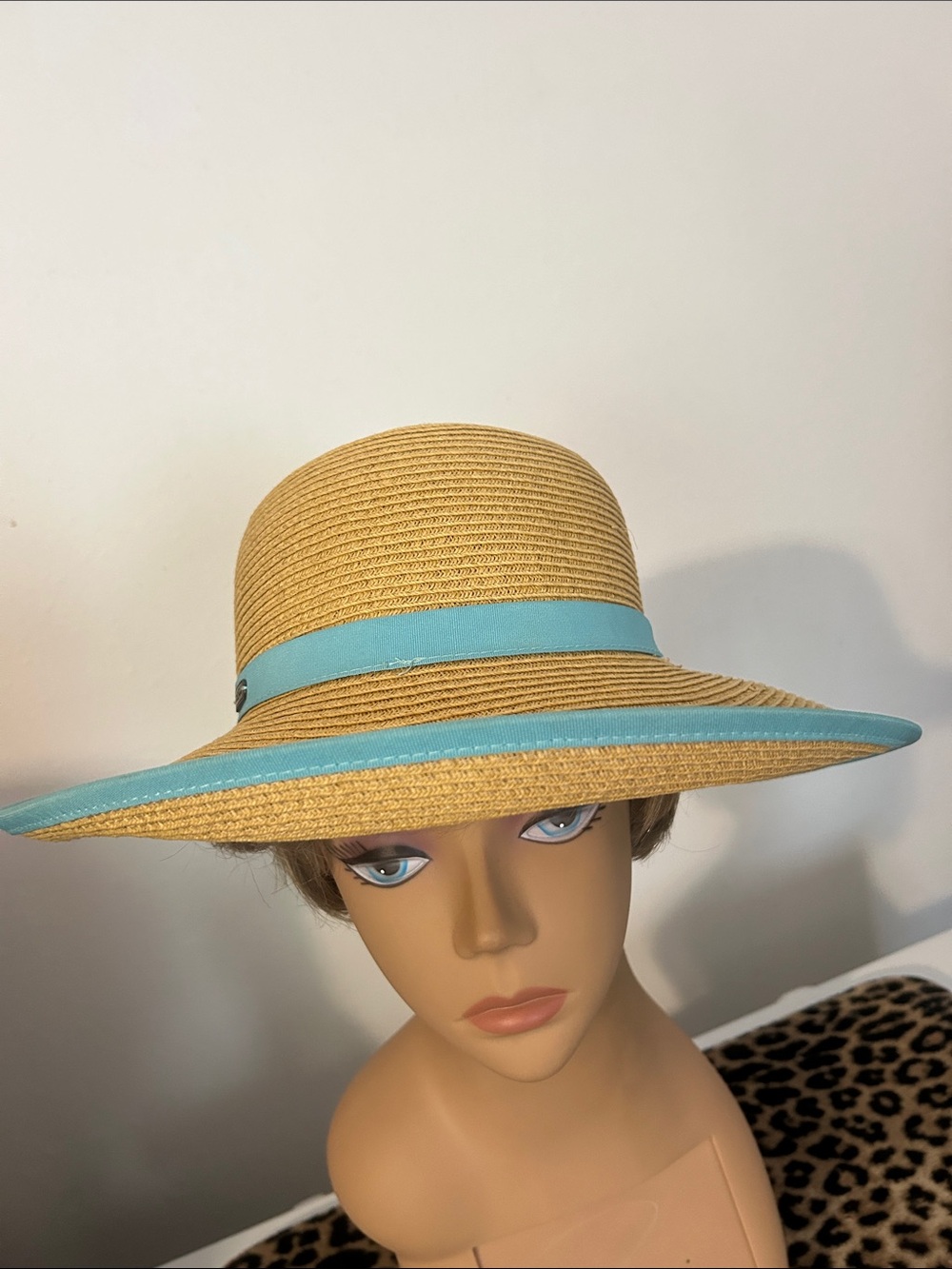 Wide Brim Straw Sun Hat with Teal Trim. OS